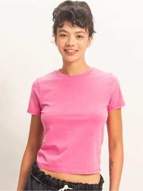 NEW Double Zero Fuschia Pink Mineral Wash Fitted Tee Crew Neck Shirt Top